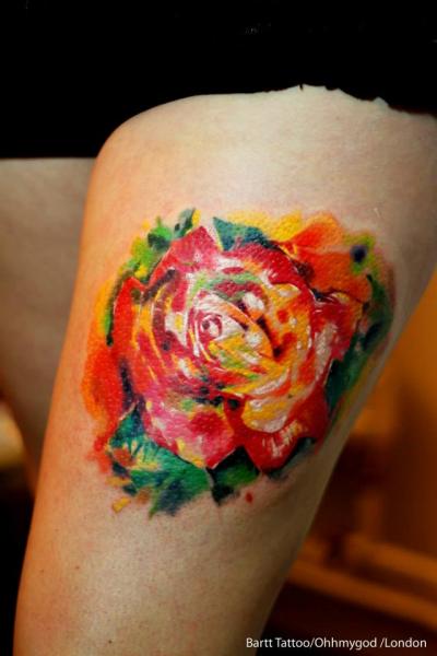 Unique Watercolor Orange Rose Tattoo On Thigh