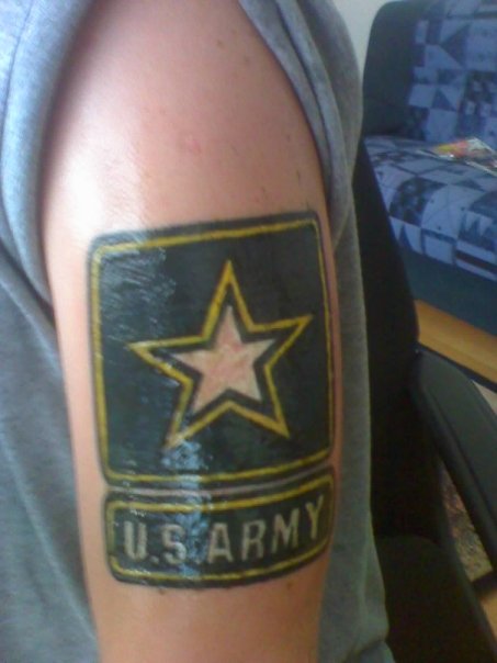 Yellow And Black US Army Batch Tattoo On Half Sleeve
