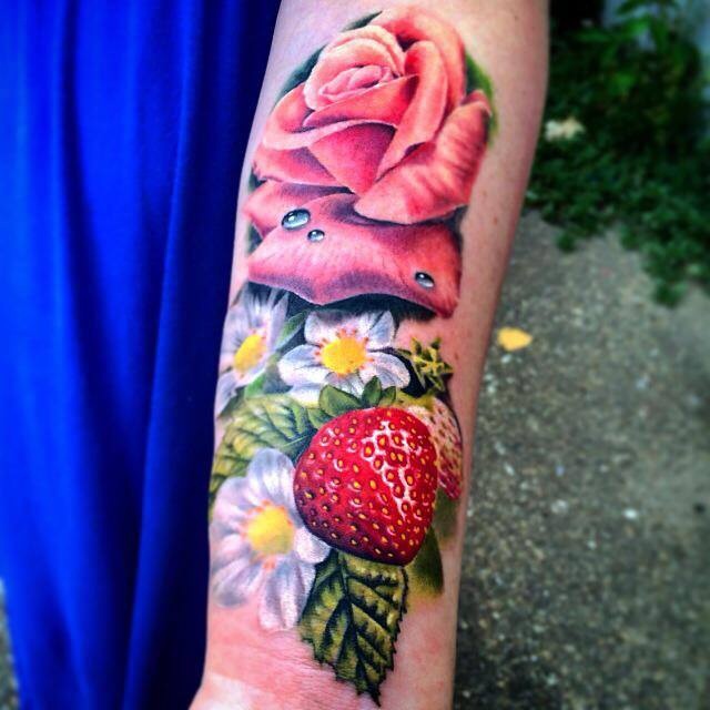 3D Pink Rose With Strawberry Tattoo Design For Forearm By Liz Venom