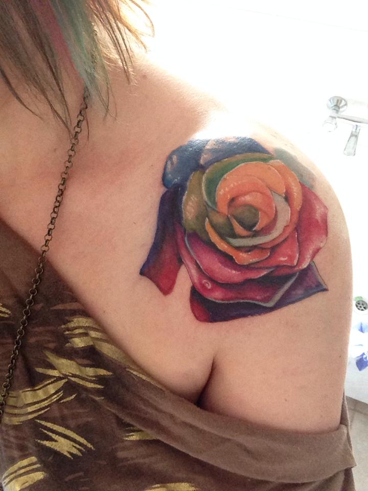 3D Rainbow Rose Tattoo On Girl Left Front Shoulder