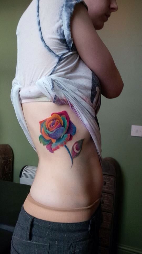 3D Rainbow Rose Tattoo On Girl Side Rib