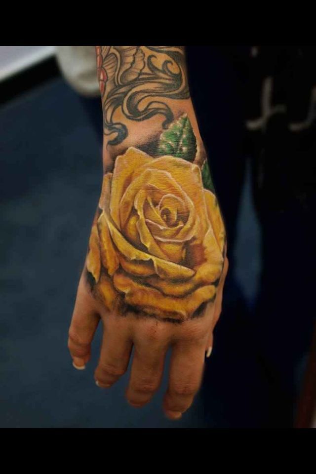 3D Yellow Rose Tattoo On Hand