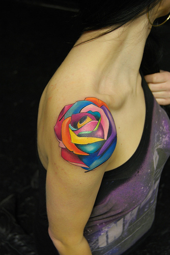 Amazing 3D Rainbow Rose Tattoo On Girl Right Shoulder