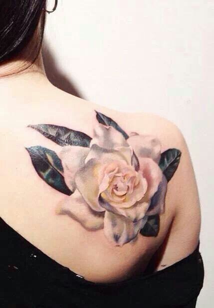 Amazing 3D White Ink Rose Tattoo On Girl Right Back Shoulder