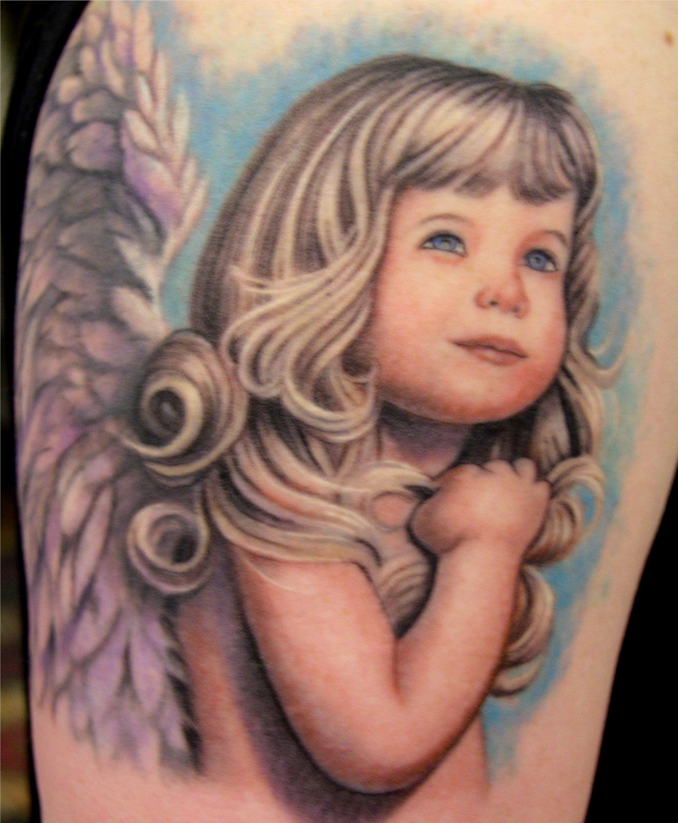 Amazing Baby Angel Portrait Tattoo Design For Shoulder