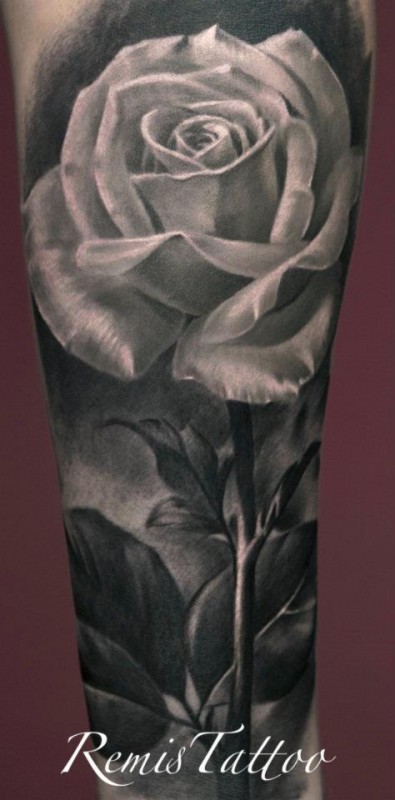 Amazing Black And White 3D Rose Tattoo On Forearm By Remis