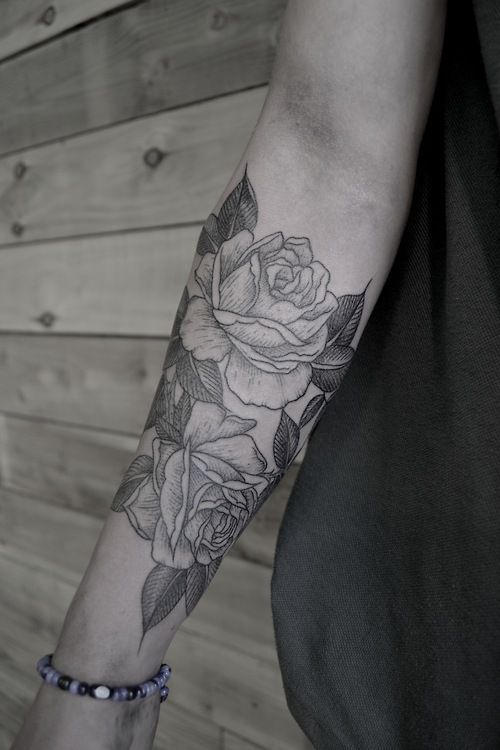 Amazing Black And White Two Roses Tattoo On Forearm