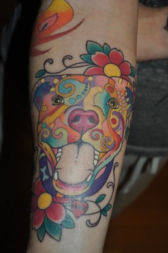 Amazing Colorful Pit Bull Head With Flowers Tattoo On Forearm