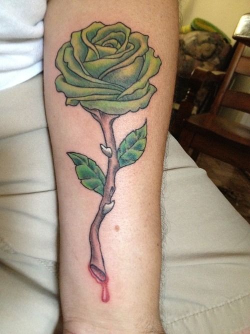 Amazing Green Rose Tattoo On Forearm