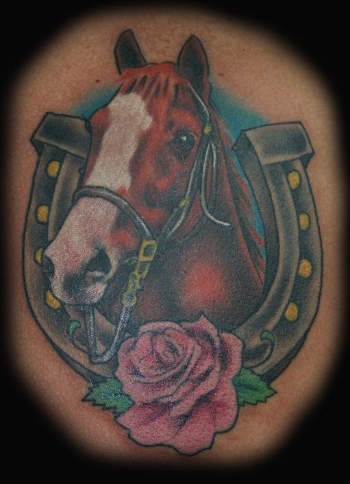 Amazing Horse Head With Horseshoe And Pink Rose Tattoo Design