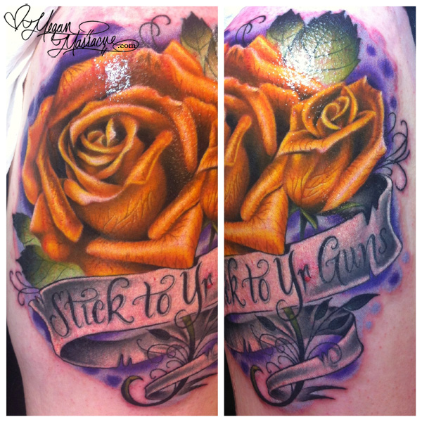 Amazing Orange Rose With Banner Tattoo Design