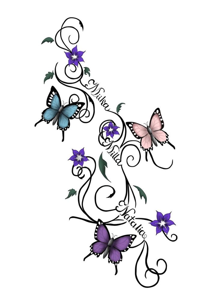 Amazing Purple Flowers With Butterflies Tattoo Design By Taru Haimi