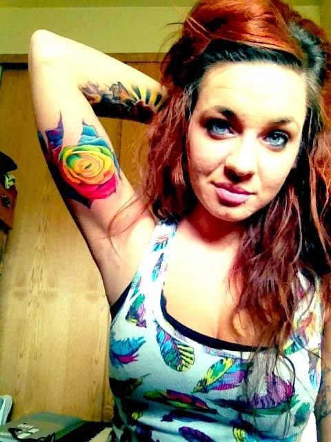 Amazing Rainbow Rose Tattoo On Girl Right Bicep