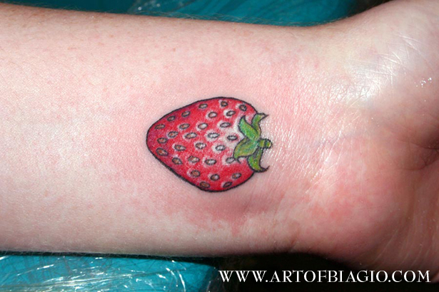 Amazing Red Strawberry Tattoo On Wrist
