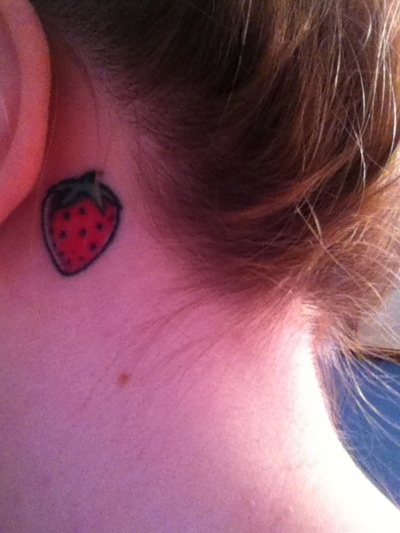 Amazing Strawberry Tattoo On Behind The Ear