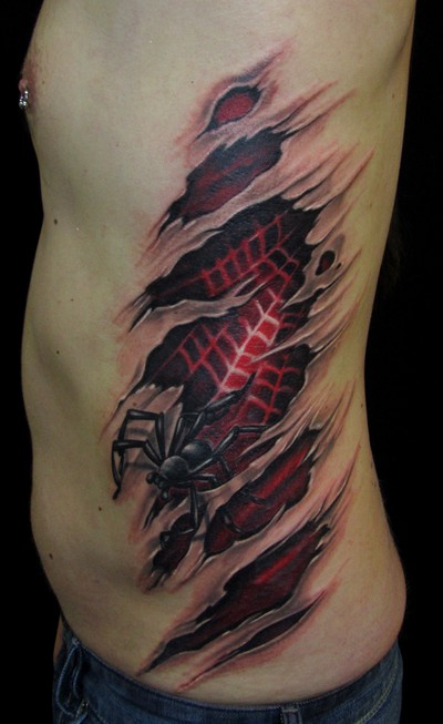 Amazing Torn Skin Spider With Web Tattoo On Man Side Rib