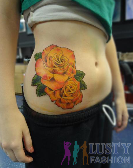 Amazing Two Orange Roses Tattoo On Girl Side Rib