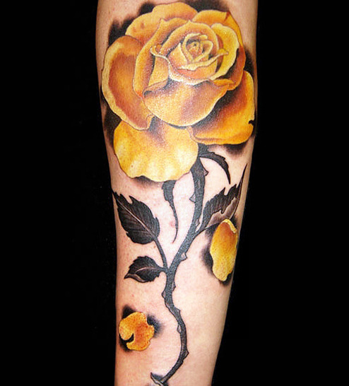 Amazing Yellow Rose Tattoo Design For Forearm
