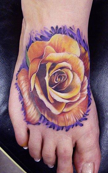 Amazing Yellow Rose Tattoo On Foot