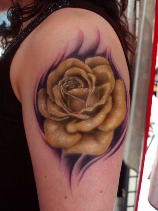 Amazing Yellow Rose Tattoo On Girl Left Shoulder