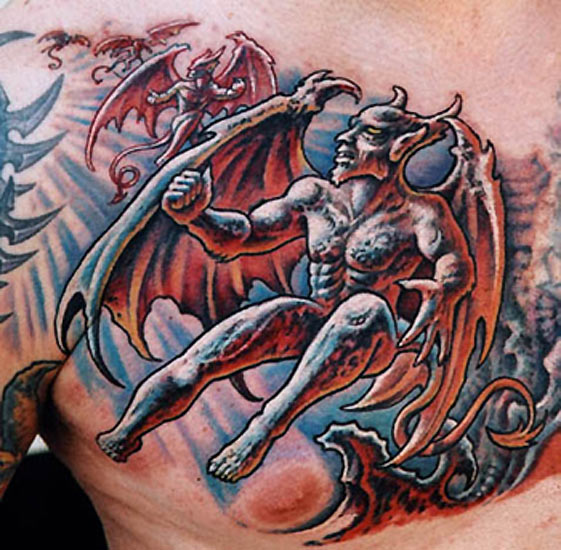 Awesome 3D Gargoyle Tattoo On Man Chest