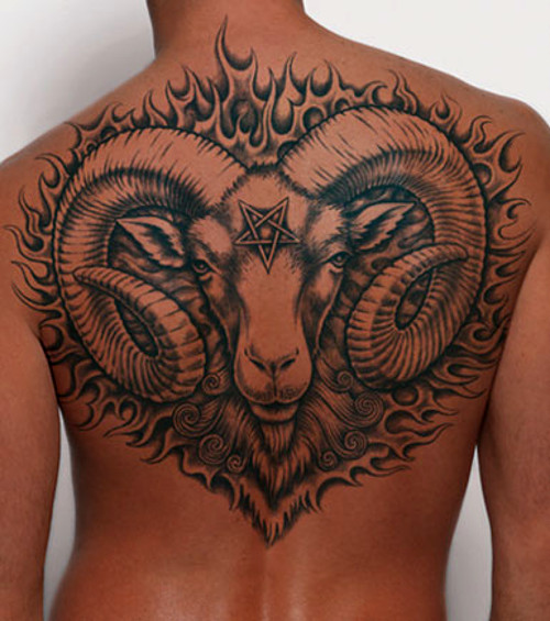 Awesome Aries Head In Flame Tattoo On Upper Back