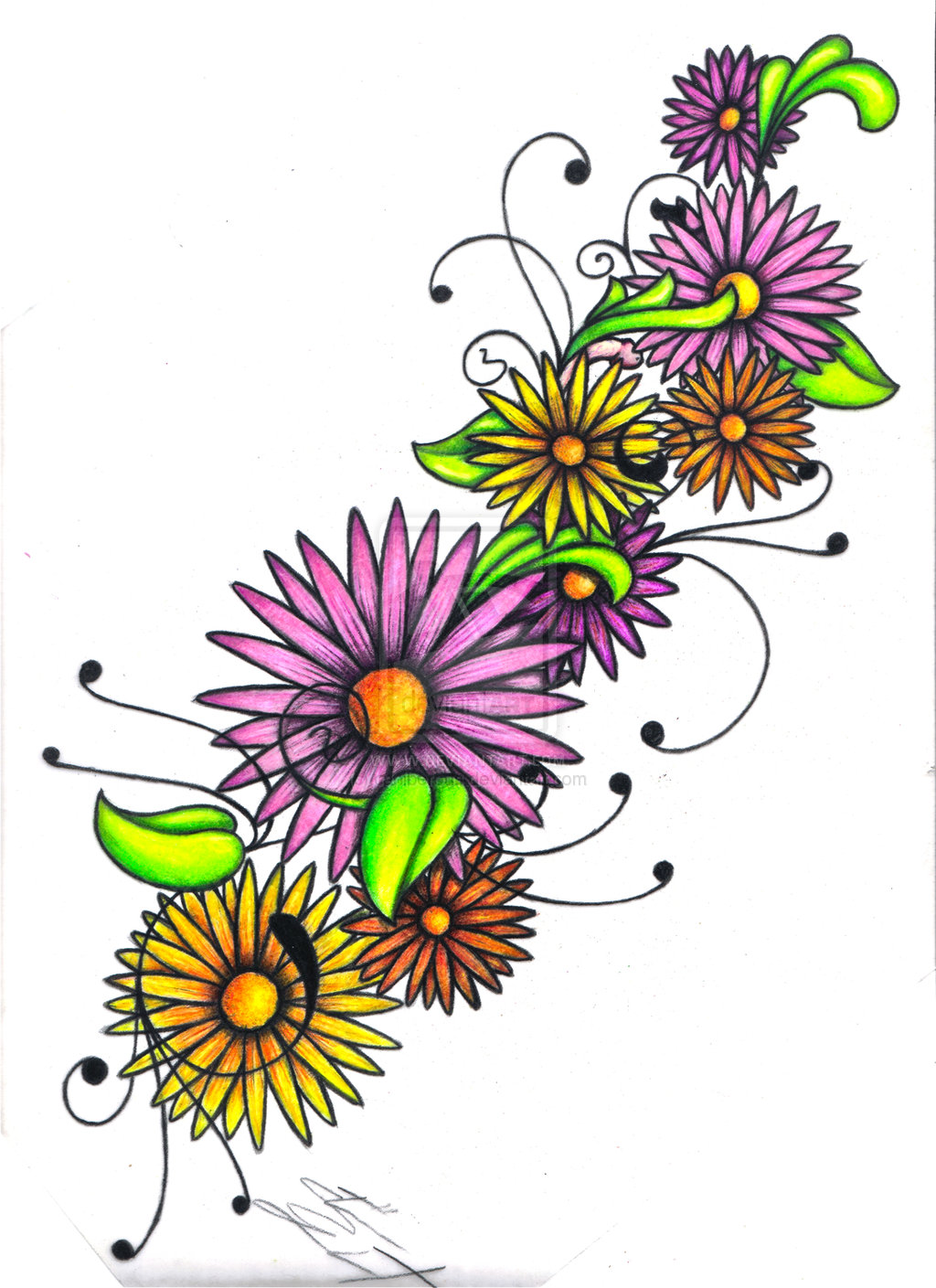 Awesome Colorful Flowers Tattoo Design By Caniberous