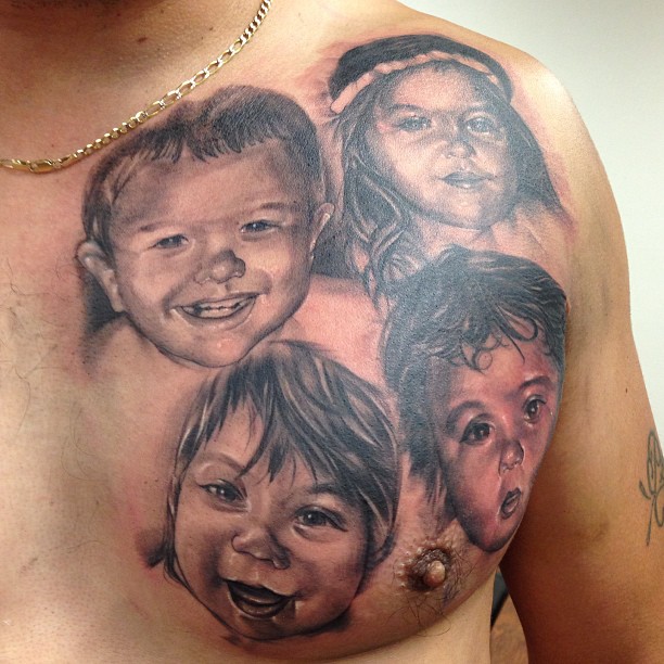 Awesome Four Baby Portrait Tattoo On Man Chest By Rafael Barragan