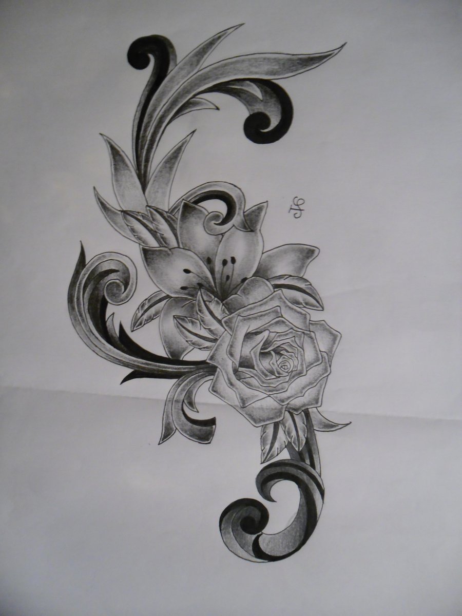 Awesome Grey Ink Flowers Tattoo Design By Tattoosuzette