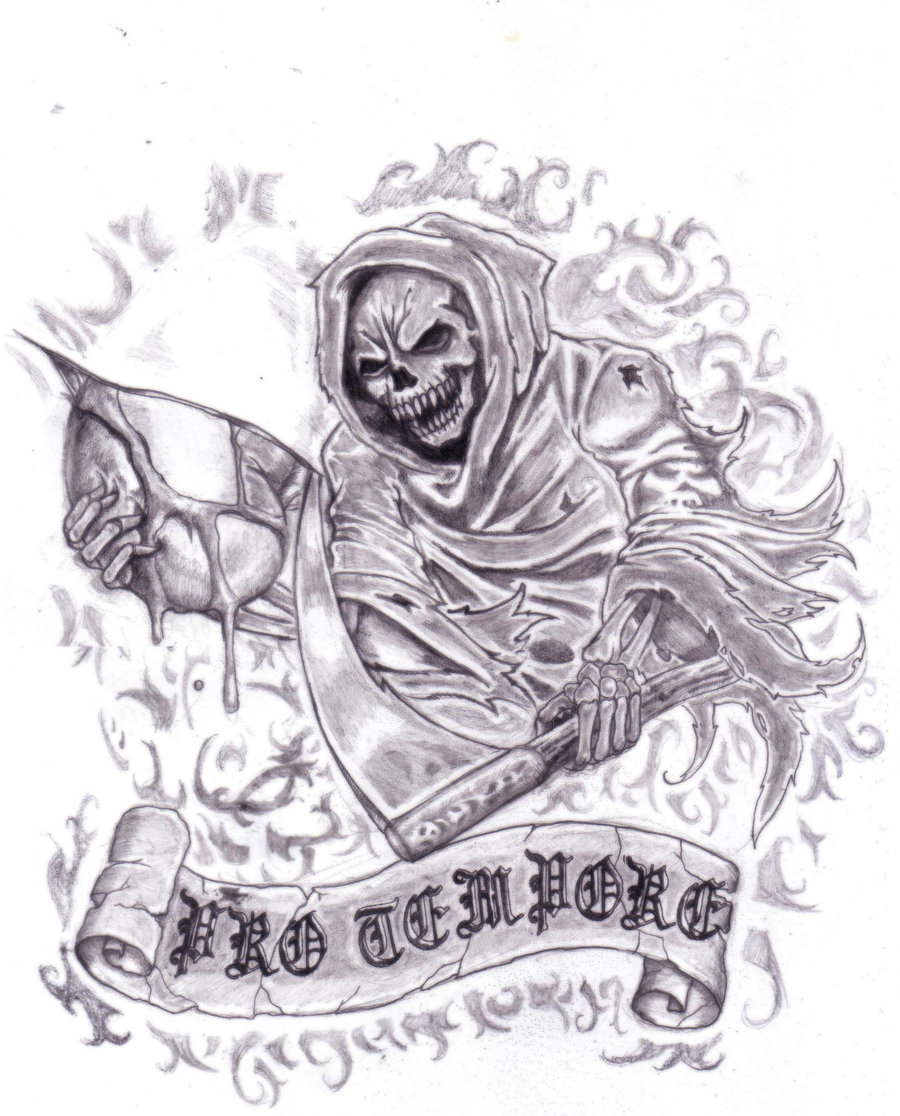 Awesome Grey Ink Reaper With Banner Tattoo Design By Adiel Galvan
