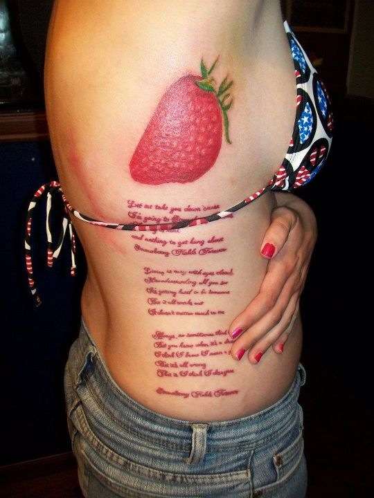 Awesome Strawberry Tattoo On Girl Upper Side Rib