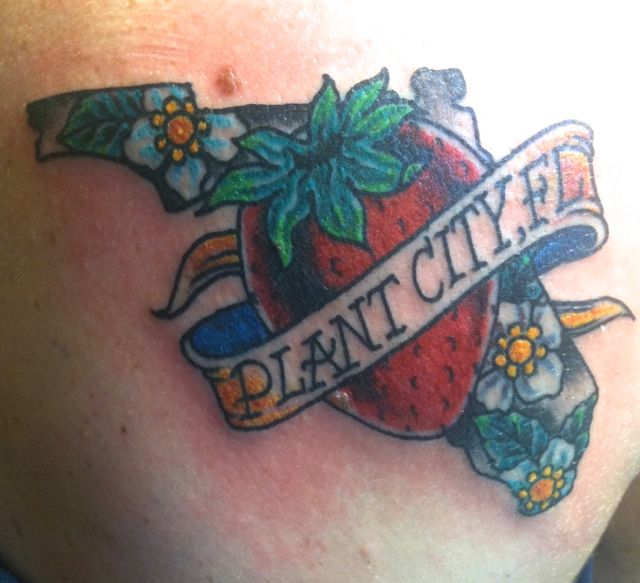 Awesome Strawberry With Banner Tattoo Design