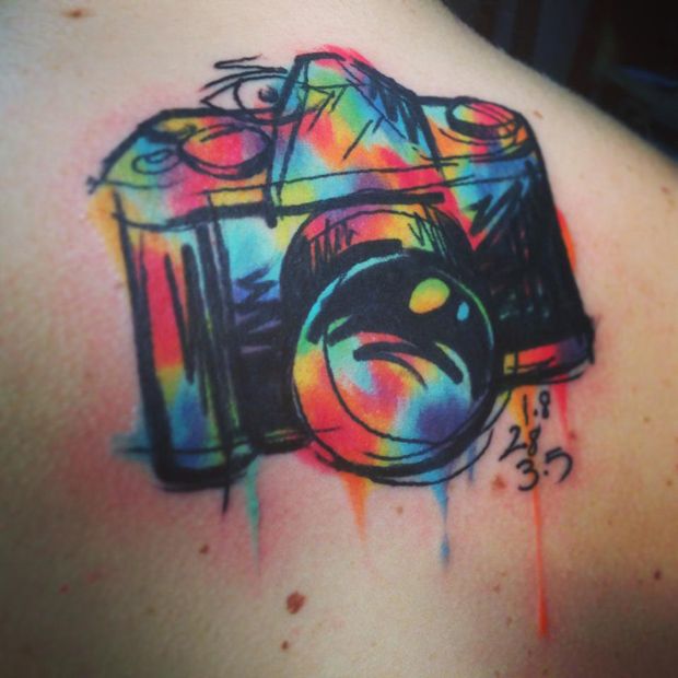 Awesome Watercolor Camera Tattoo Design