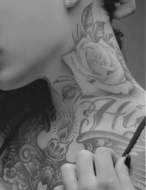 Awesome White Rose Tattoo On Girl Side Neck