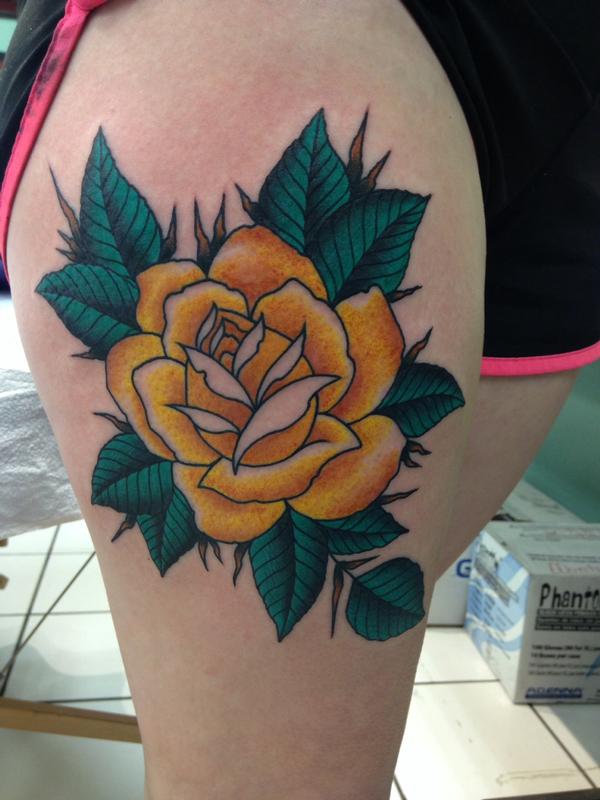 Awesome Yellow Rose Tattoo On Girl Thigh