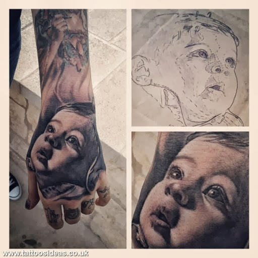 Black And Grey 3D Baby Face Portrait Tattoo On Hand