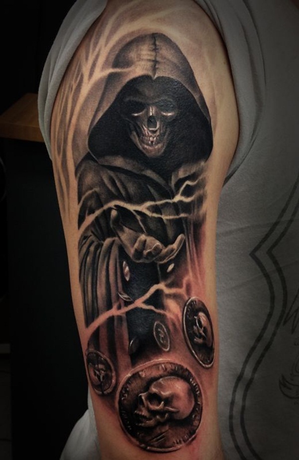 Black And Grey 3D Reaper With Coins Tattoo On Right Half Sleeve