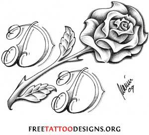 Black And Grey D Letter With Rose Flower Tattoo Design