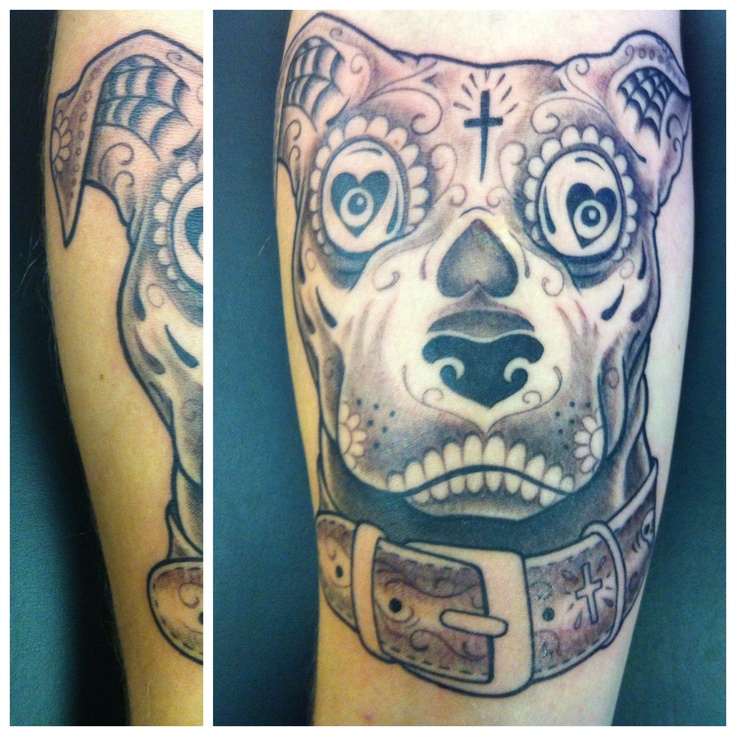 Black And Grey Dia De Los Muertos Pit Bull Dog Tattoo Design