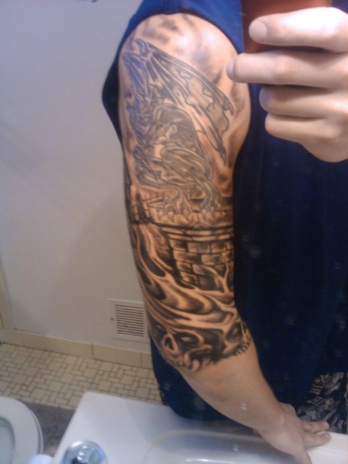 Black And Grey Gargoyle Tattoo On Right Half Sleeve