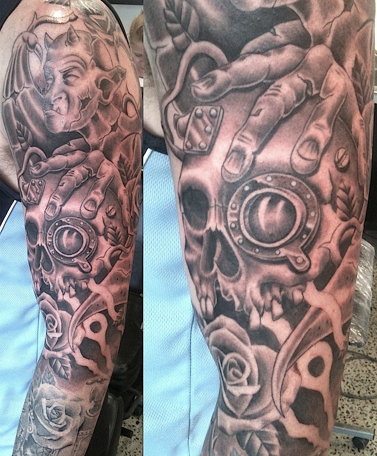 Black And Grey Gargoyle With Skull Tattoo On Left Full Sleeve