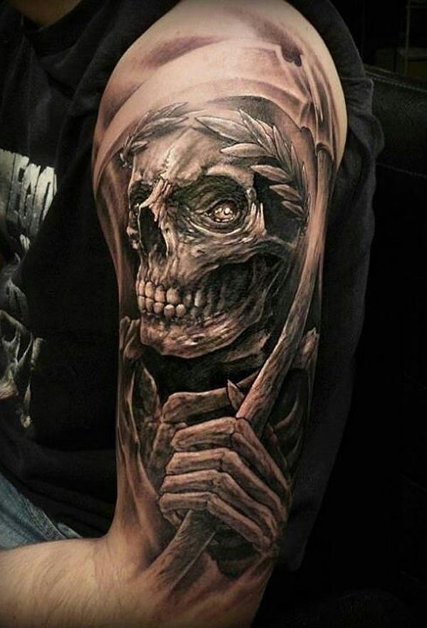 Black And Grey Grim Reaper Tattoo On Left Half Sleeve