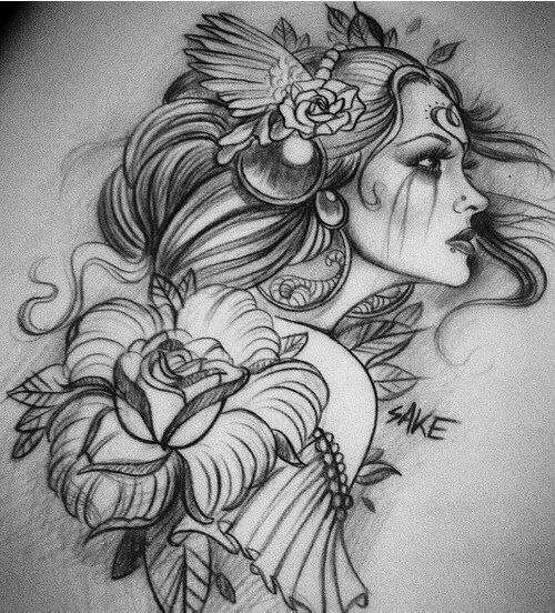 Black And Grey Gypsy With Flower Tattoo Design