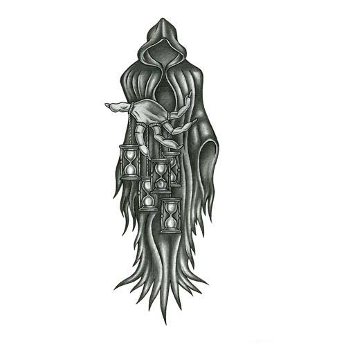 Black And Grey Reaper With Hourglasses Tattoo Design