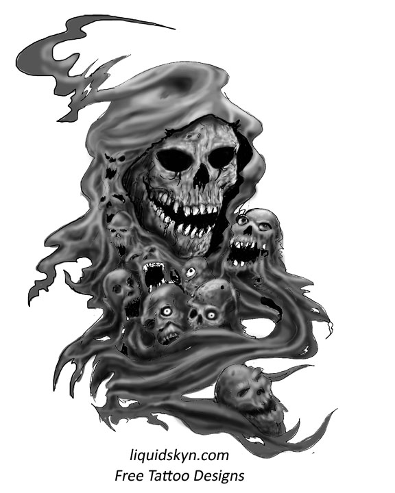 Black And Grey Reaper With Skulls Tattoo Design