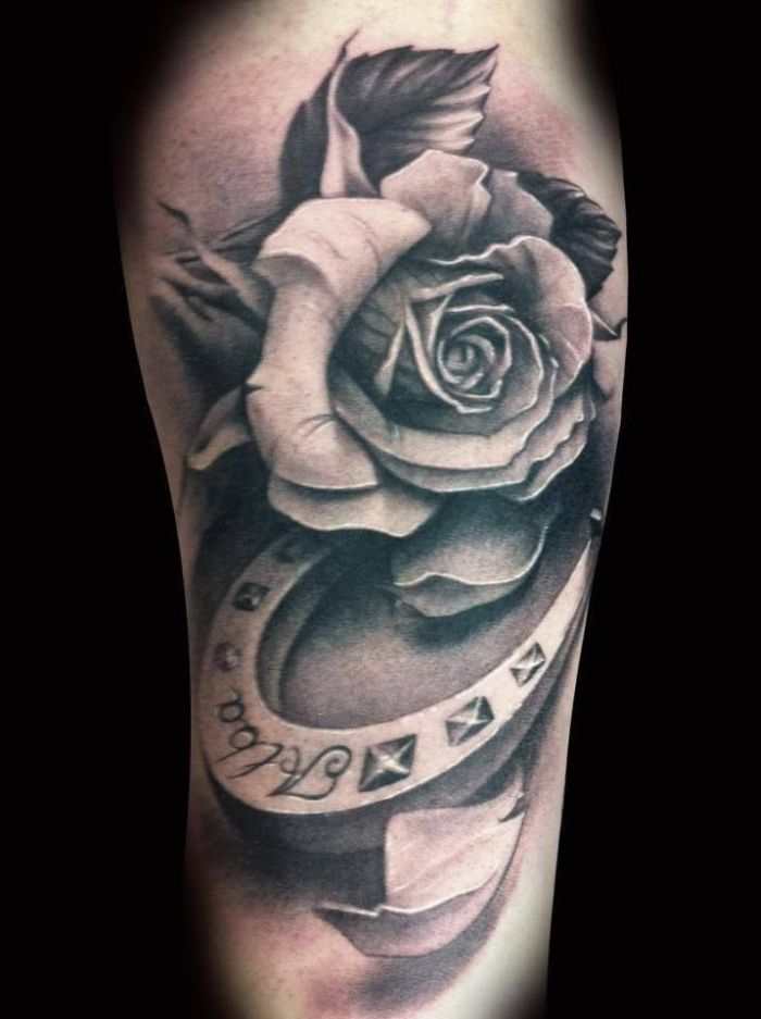 Black And White 3D Rose With Horseshoe Tattoo Design