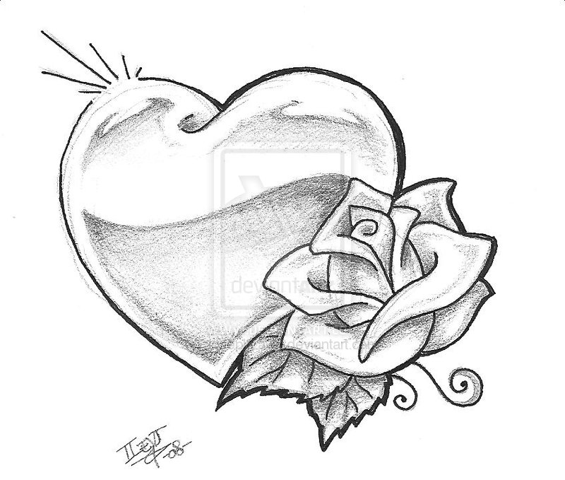 Black And White Heart With Rose Tattoo Design