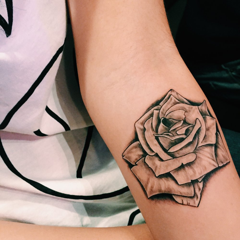 Black And White Rose Tattoo On Left Forearm