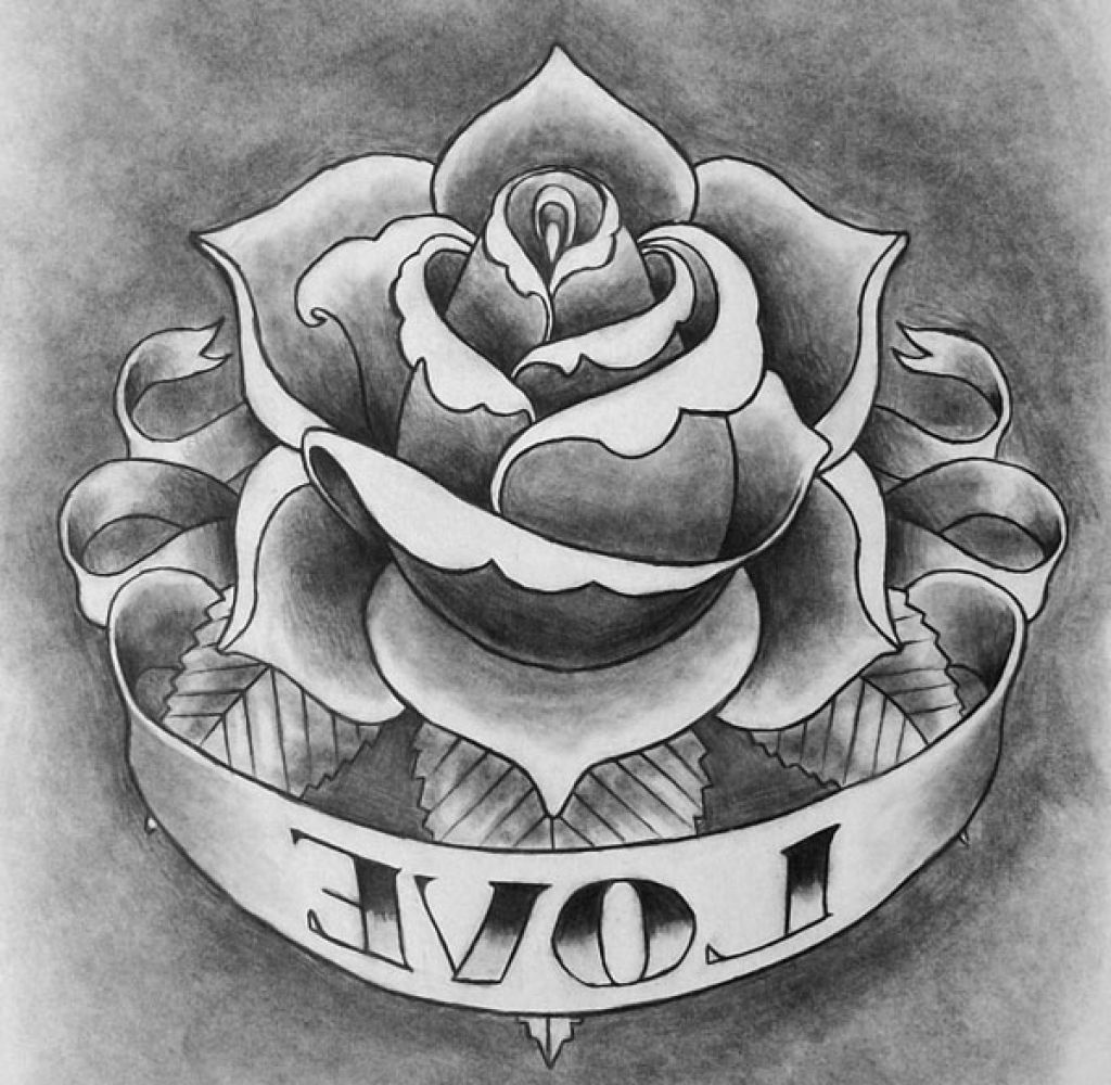Black And White Rose With Banner Tattoo Design