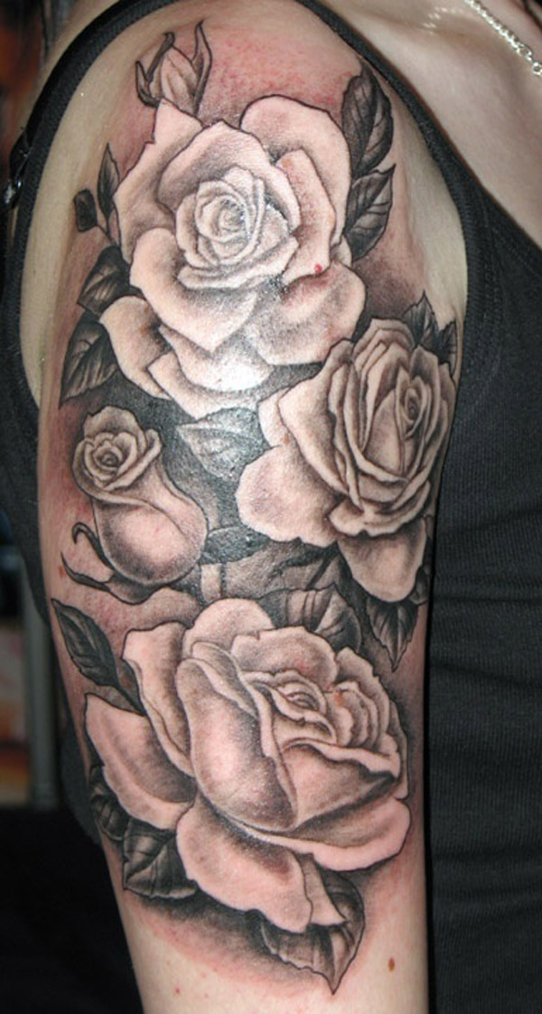 Black And White Roses Tattoo On Right Half Sleeve